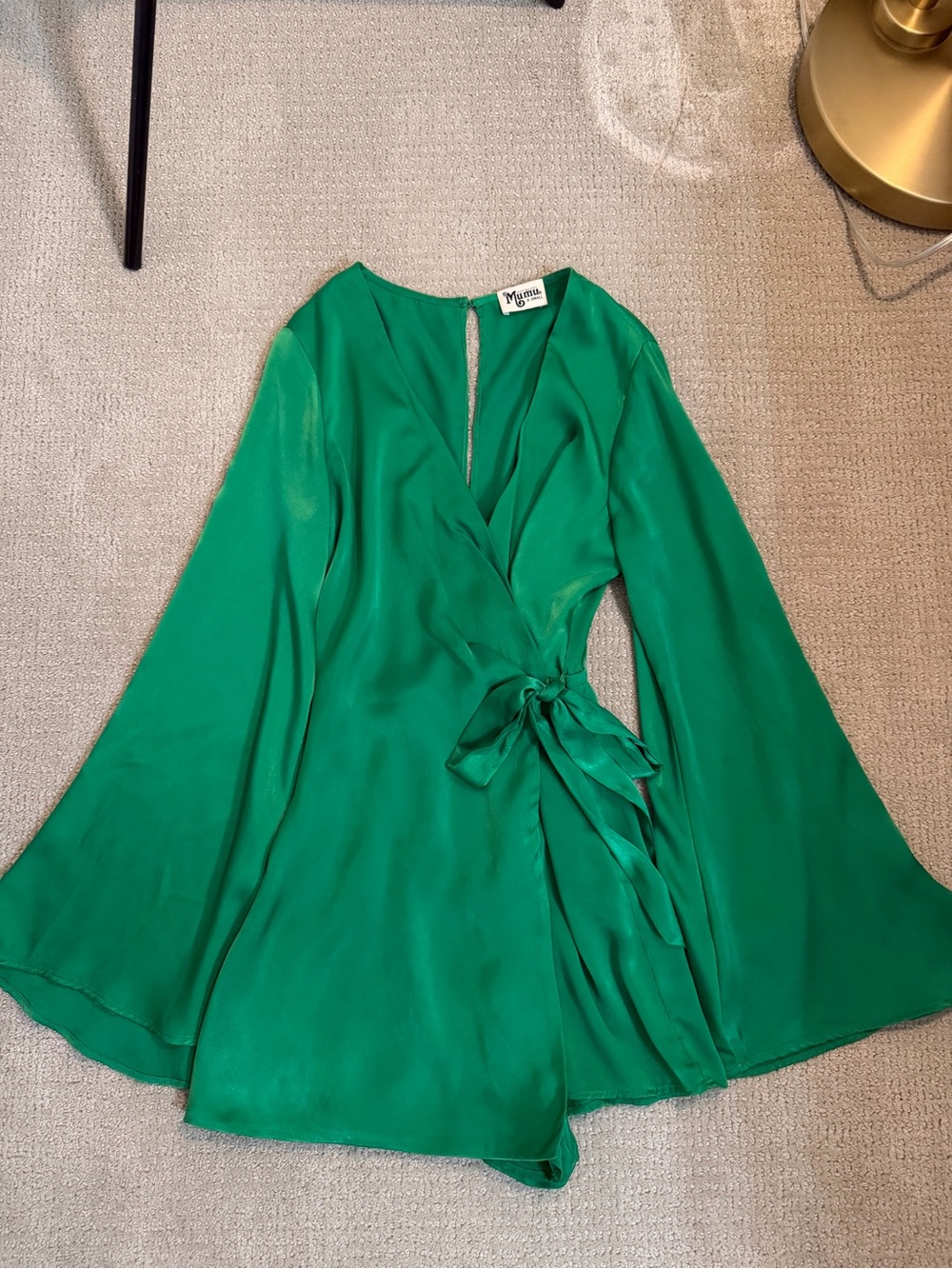 Show Me your Mumu Green Satin Wrap Romper with Long Bell Sleeves